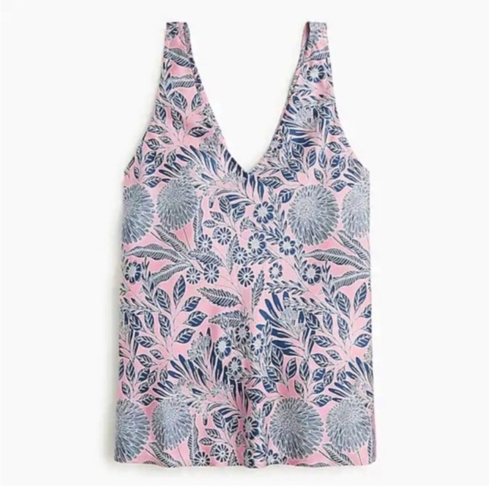 J. Crew Pink and Navy Floral V-Neck Tank Top